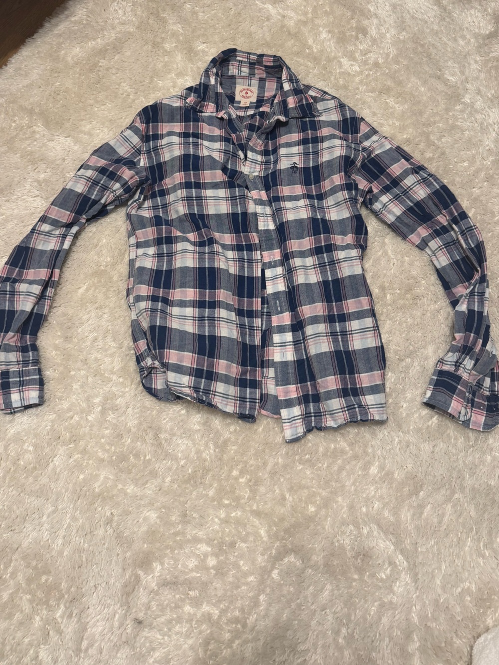 Brooks Brothers Red Fleece Blue, Pink & White Plaid linen Button-Down Shirt, Med